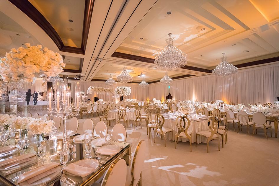 The ballroom at Four Seasons Westlake Village, decorated for Michael and Neda's wedding.