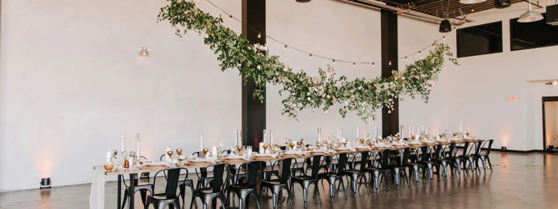 A mod-inspired wedding tablescape at Hangar 21 South in Fullerton.