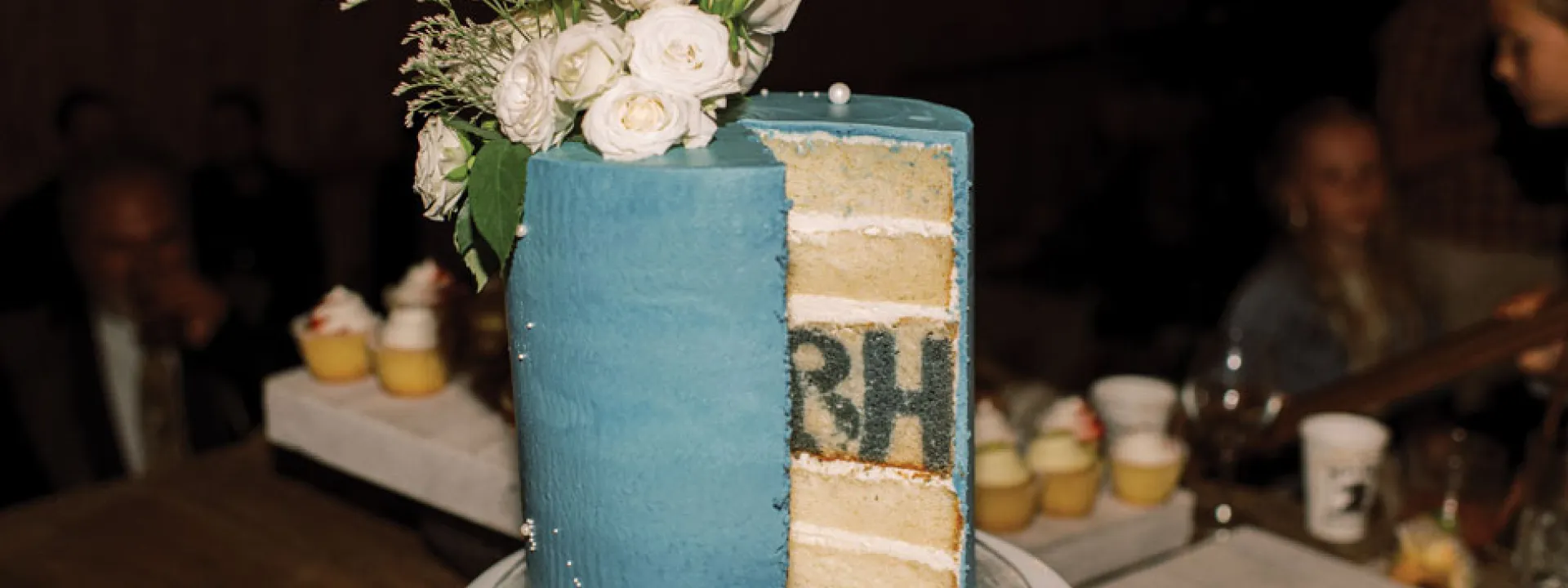 The bride and groom's initials are revealed when this wedding cake is cut open.